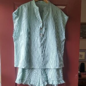 SHEIN Green and White Seersucker  Striped Short Set